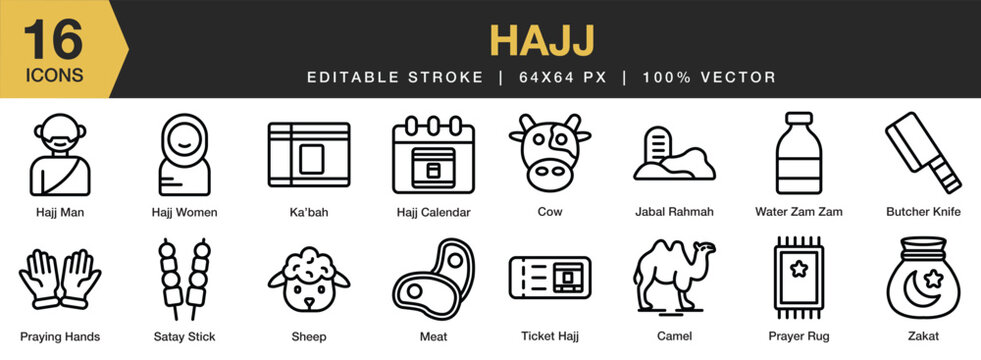 Set of 16 Hajj icon set. Editable Stroke Icon Collection. Includes ka'bah, meat, camel, hajj calendar, zam-zam water, and More. Outline icons vector collection.