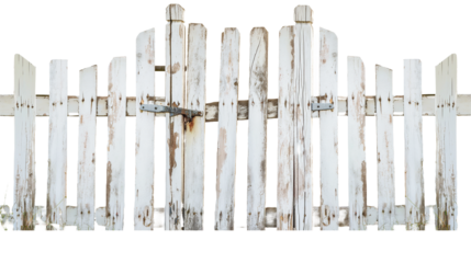Wooden white washed rustic board wood fence gate on transparent background