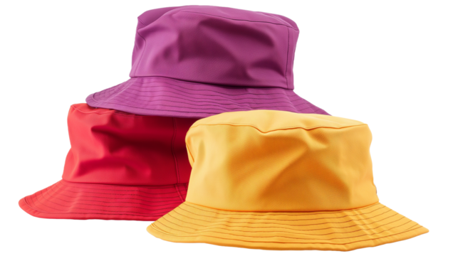 Set of red violet yellow orange bucket fisherman fishing hat on transparent background