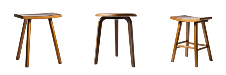 Set of wooden stools with bent legs isolated on transparent background. Ideal for furniture design, home decor, and interior styling projects. 
