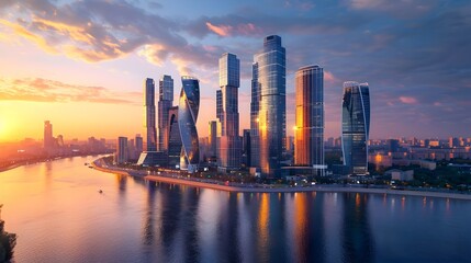 Fototapeta premium Stunning Skyline of a Modern Metropolis with Towering Skyscrapers and a Serene River Flowing Through at Sunset