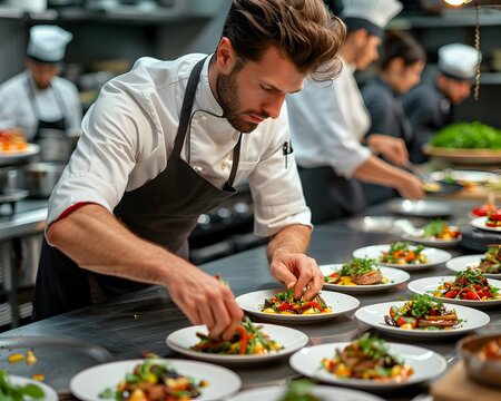 Talented chef meticulously plating a gourmet dish in a busy professional kitchen  demonstrating culinary excellence and dedication to the craft