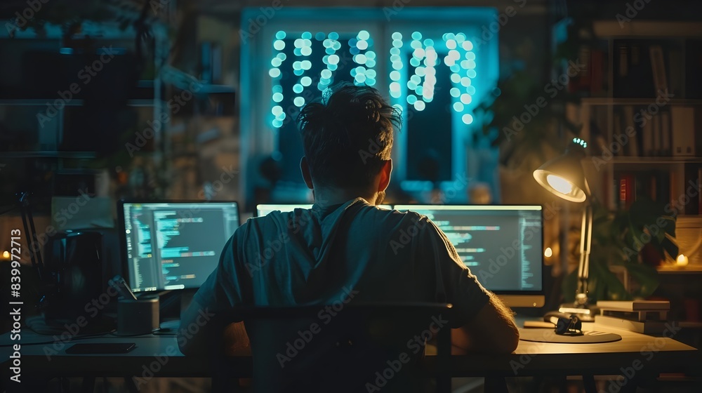Poster dedicated developer coding late at night multiple screens showcasing focused work on complex project