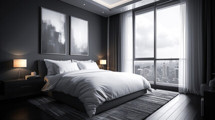 3d rendering luxury bedroom suite in hotel with big window and city view