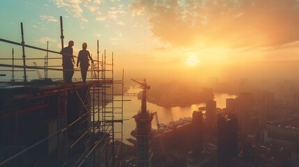 Construction Crew Teamwork Atop Skyscraper Overlooking Vibrant Cityscape at Sunset