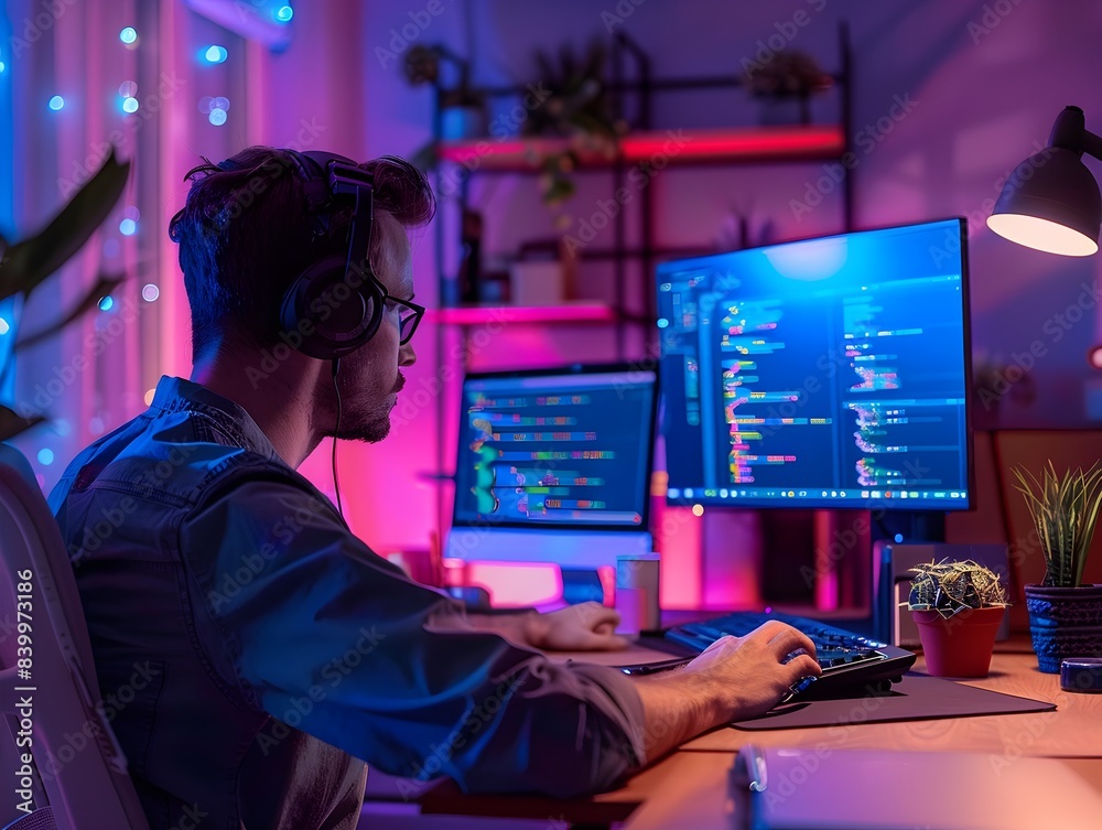 Poster dedicated late night developer coding new application with surrounded code and monitors