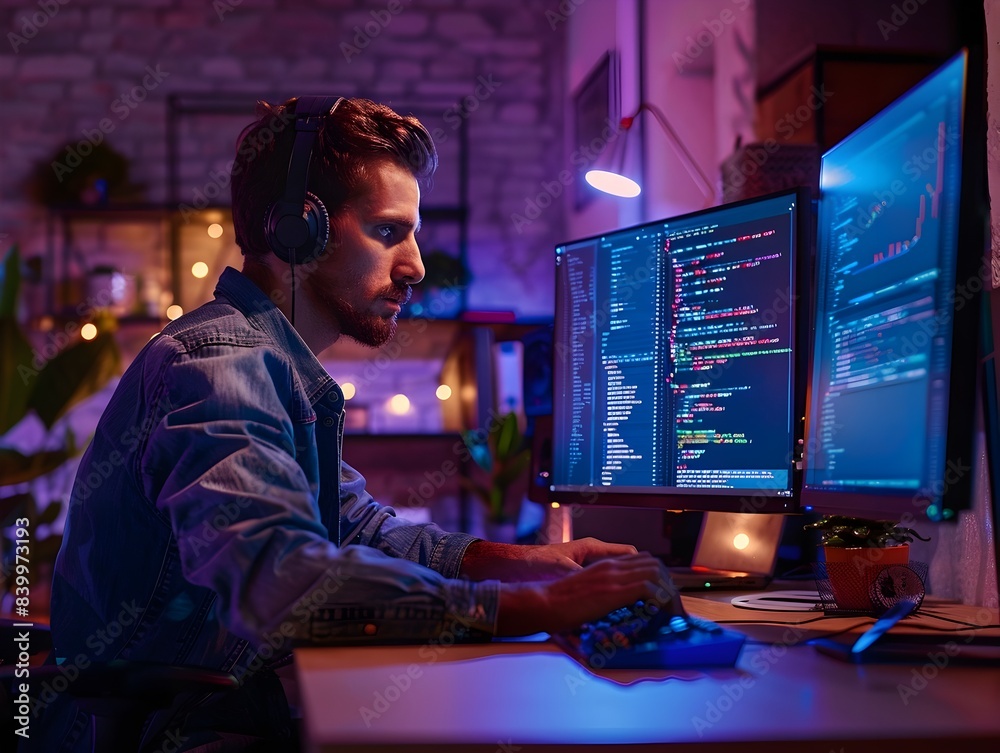 Poster dedicated developer coding a new application in a late night work session