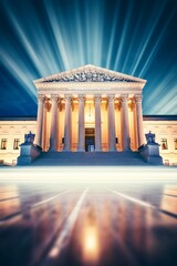 Fototapeta premium The Supreme Court building is a large, white structure with pillars and a dome. The building is surrounded by a white fence and has a large staircase leading up to the entrance