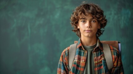 Serious young Caucasian boy in a plaid shirt in front of a classroom blackboard.Back to school background with caucasian young schoolboy and copy space - Powered by Adobe