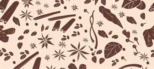 Food seamless pattern with oriental spices and coffee beans. Vector illustration

