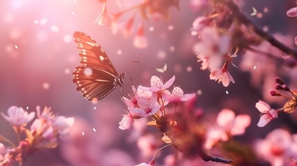 Tranquil Spring Oasis: Sakura Blossoms and Fluttering Butterflies