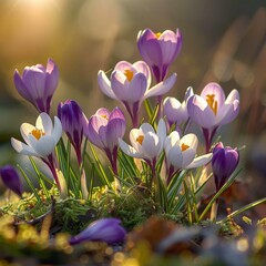 Purple and white crocus flowers blooming in a field. AI.