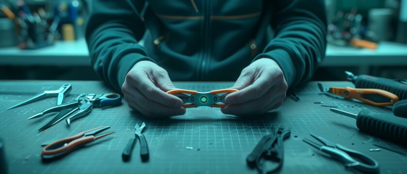 A person wearing a green jacket is holding a small electronic device in their hands. AI.