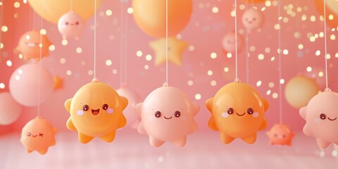 Cute 3D cartoon stars hanging from strings against a pink sparkly background. AI.