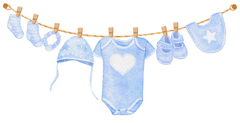 Watercolor Blue Baby Clothes Hanging on a Clothes rack for Card Template Frame