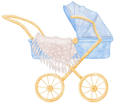 Watercolor Vintage Baby Stroller Blue Color for Baby Shower Boy