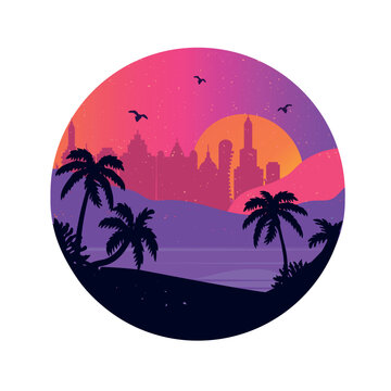  tropical landscape vector illustration. landscape with palm trees in round frame very peri, vector.palm trees, sea, orange sun mountains vector drawing
