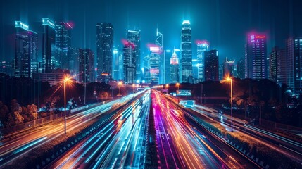 Naklejka premium Cityscape of a futuristic city with interconnected skybridges and holographic billboards lighting up the night