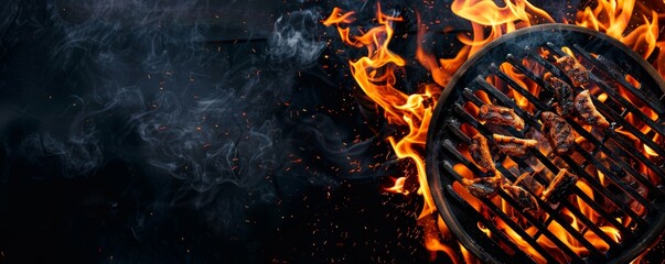 Top view of Barbecue grill circle full shot on right with burning flames on a black background. Food and cuisine Barbeque concept.