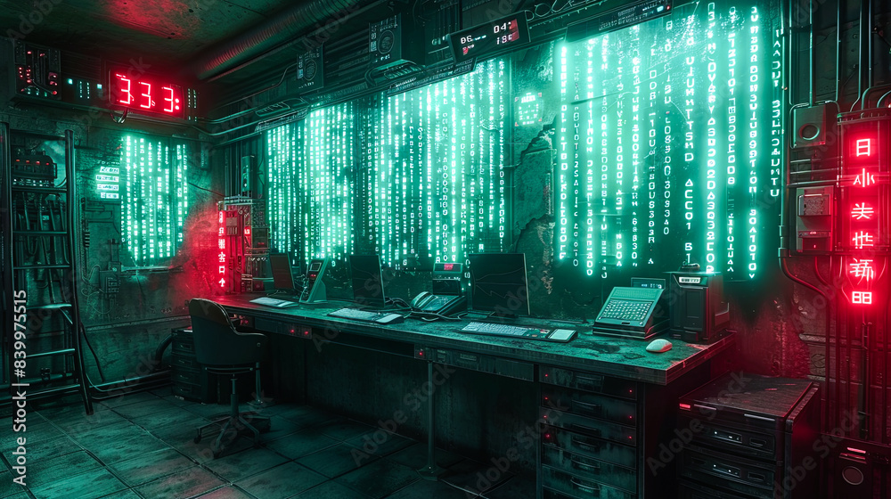 Poster futuristic cyberpunk room with a lot of binary code. 3d rendering