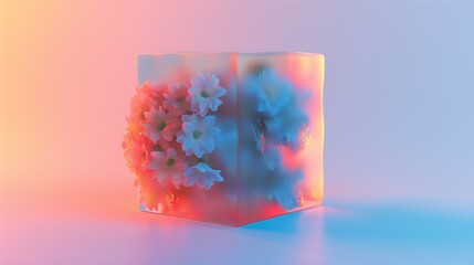 Enchanting violet inside a 3D ice cube, clean background, glowing effect, pastoral composition.