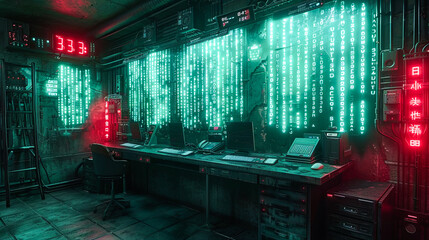 Futuristic cyberpunk room with a lot of binary code. 3D Rendering