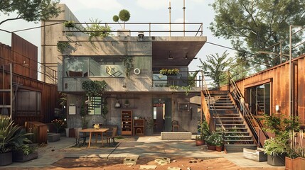 Fototapeta premium A modern mud office building double story with urban activities. copy space for text.