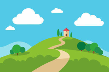 meadow hill seeing path way light blue sky vector illustration