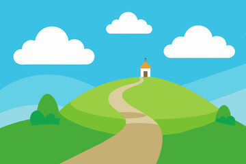 meadow hill seeing path way light blue sky vector illustration