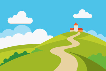 meadow hill seeing path way light blue sky vector illustration