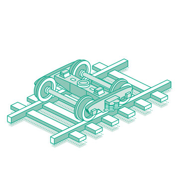 Railway bogie of a freight car with frame. Isometric object isolated on white background. Icon for web design.