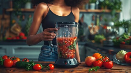 An African American woman prepares a smoothie in a blender in a home kitchen filled with fresh vegetables and fruits.