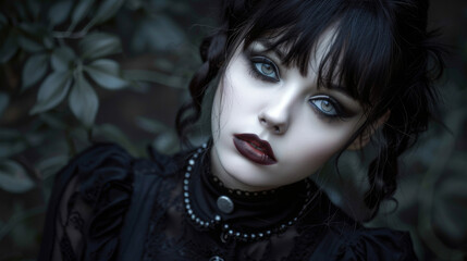 Fototapeta premium Portrait of a brunette Goth style inspired woman, fashion and make-up shoot. Gothic, Goth, Emo, New Wave, Dark style fashion. Dark smokey make-up, red lipstick. Dramatic. Elegant.