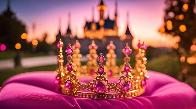 A regal golden crown adorned with pink diamonds, glowing softly under a twilight sky