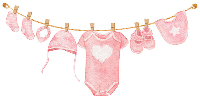 Watercolor Pink Baby Clothes Hanging on a Clothes rack for Card Template Frame