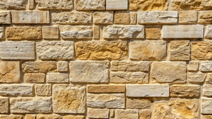Fototapeta premium Weathered, beige french limestone wall texture with subtle veining, rough-hewn surface, and soft, muted tones creating a classic, rustic, and timeless architectural backdrop.