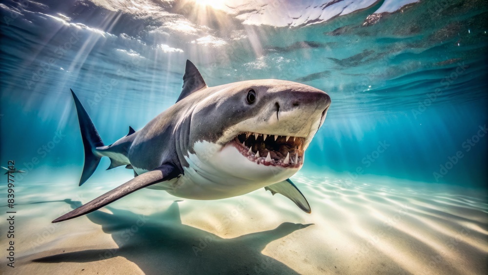 Wall mural Fierce great white shark swims ominously close to the sandy beach, its sharp teeth and piercing gaze scanning for unsuspecting marine prey.