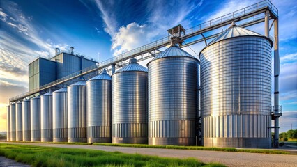 Impressive silo complex with sleek, modern architecture, featuring rows of towering cylindrical structures, gleaming metal exteriors, and efficient grain storage facilities.