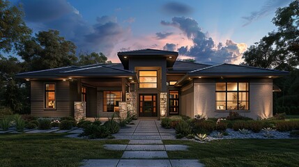 Front view of new house in modern style with lighting at dark night. copy space for text.