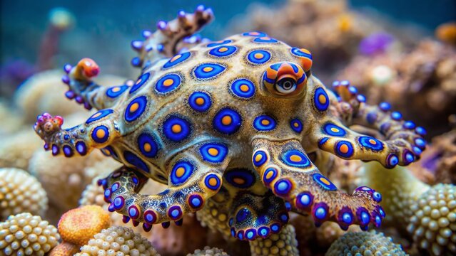 A stunning blue-ringed octopus, hapalochlaena maculosa, displays its vibrant body and vibrant blue ring patterns while perched on a coral reef in the ocean depths.