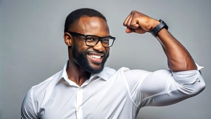 Confident african american male nerd in white dress shirt and black glasses flexes right bicep, beaming with pride, showcasing his slender yet toned arm.