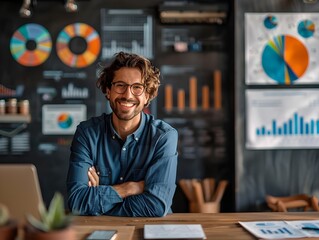 Fototapeta premium Enthusiastic Entrepreneur Giving Successful Pitch to Investors with Modern Presentation Setup