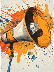 Linear illustration, flat illustration, a cute megaphone in white and orange colors, white background, sharpie illustration with bold lines and solid colors, simple details, minimalist
