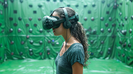 Young woman in virtual reality glasses. Future technology and entertainment concept.