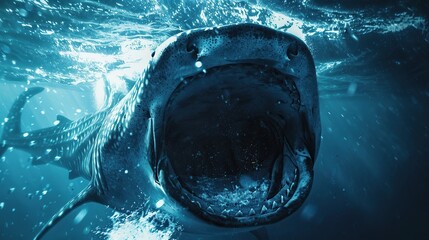 Image of whale shark showing the aggresiveness and anger in real sea water, give the realistic view for this. copy space for text.