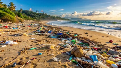 A desolate sandy beach littered with trash and plastic waste, symbolizing the devastating impact of pollution on the environment, awaiting volunteer cleanup efforts.