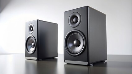 Obraz premium Sleek modern black computer speakers on a clean surface, with two speakers facing forward, surrounded by empty space, showcasing clean lines and minimalist design.