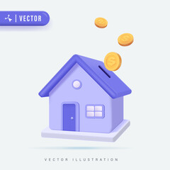 property concept of financial, money saving investment. 3d coins and a tiny house bank on background
