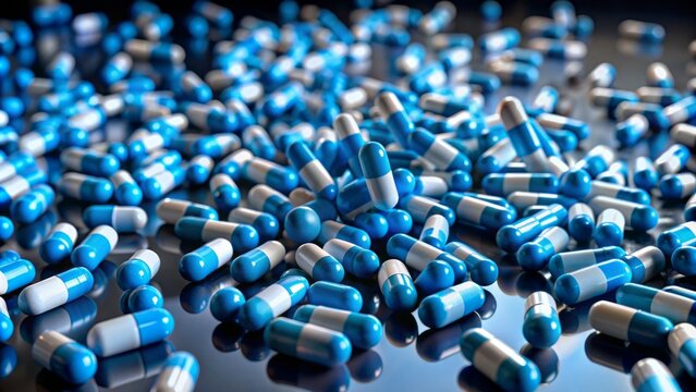 Scattered blue pills against a dark backdrop, randomized and unsystematic, evoking a sense of chaotic accumulation, devoid of human presence.