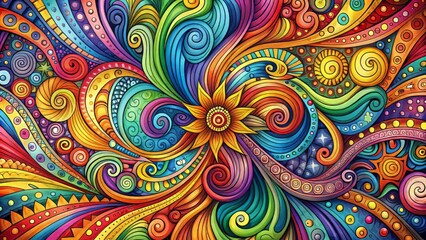 Fototapeta premium Vibrant, swirling abstract background featuring a dynamic, grungy doodle pattern in radiant colors, evoking feelings of liberation, joy, and artistic expression.